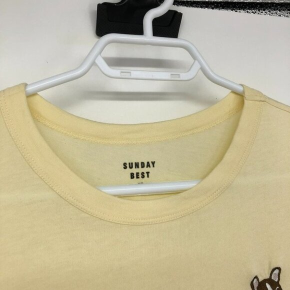 Aritzia Sunday Best Candy crewneck pastel yellow t-shirt Bulldog patch - Picture 13 of 16